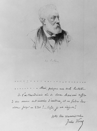 Letter from Jules Verne with Portrait of the Writer (1828-1905) by French School