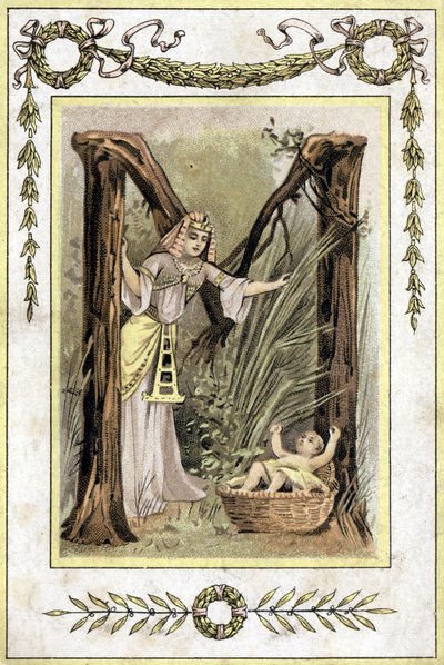 Letter representing an Egyptian mother finding an abandoned child (Moses saves waters), late 19th century (chromolithograph) by French School