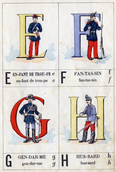 Letters E as troop child, F as infantryman, G as footman and H as hussard. ABC military. Imaging of Epinal by French School