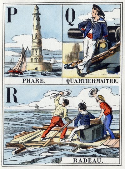 Letters P as Lighthouse, letter Q as Quartier Maitre, letter R as Raft. Navy abecedary. Epinal image by French School
