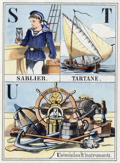 Letters S as hourglass, letter T as tartane, letter U as utensils and instruments. Navy abecedary. Epinal image by French School