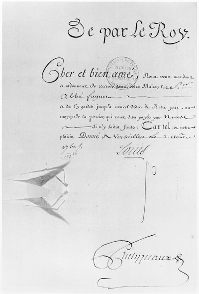 Lettre de Cachet of King Louis XV to imprison the Abbe Faguer, 2nd August 1761 by French School
