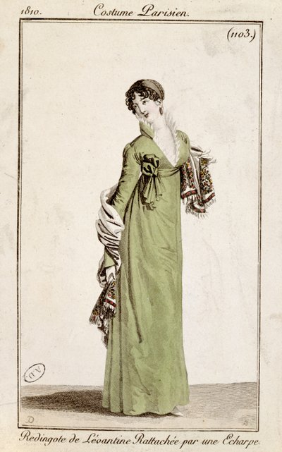 Levantine frock coat fastened by a scarf, fashion plate from Costume Parisien by French School