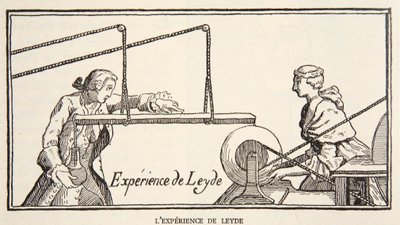 Leyden experiment, illustration from Histoire de la Nation Francaise, Sciences, Volumes I & II by French School