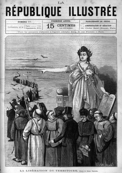 Liberation of the territory: the French Republic expels unauthorized religious congregations from French territory following the decrees of March 1880 taken by Jules Ferry and depriving them of the right to teach. A newspaper. Engraving from 1880 in 