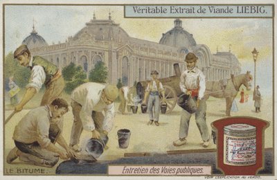 Liebig card featuring road maintenance by French School