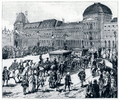 Life under Louis XV: The King Arriving at the Palais des Tuileries, where the Queen and the Dolphine Await Him - in "Paris through the Centuries" by Gerouillac by French School