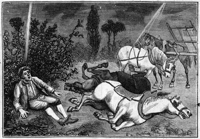 Lightning: A man finds sitting under a bush beside his four killed horses by French School