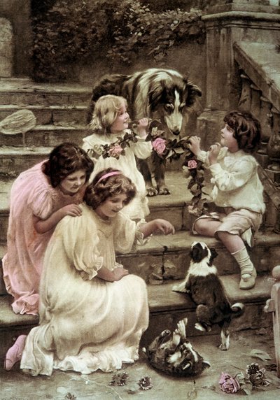 Little children playing with dogs by French School
