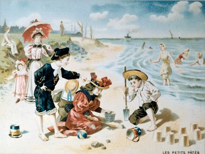 Little Pasta: Children Play on the Beach with Sand. Illustration of the Beginning of the 20th Century by French School