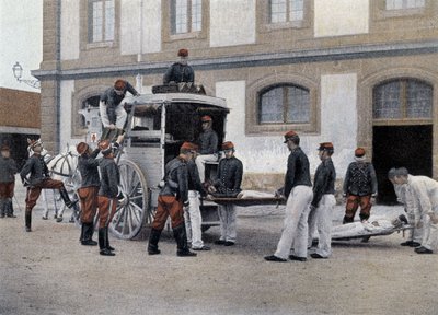 Loading the wounded in an ambulance - in Military Album - Crew Train by French School