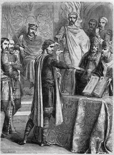 Lotharia II (825-869) gave the oath on the gospel before Pope Adrien II (792-872) in Rome in 869. Engraving in Histoire des Papes-Rois-Queen and Empereurs a travers les centuries by Maurice Lachatre by French School