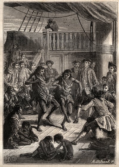 Louis Antoine, Count of Bougainville (1729-1811) received the inhabitants of the Bay Fortescue (Detroit of Magellan) in his boat 
