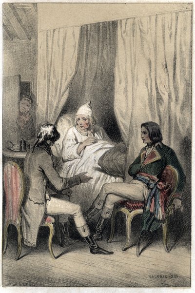 Louis Antoine Fauvelet de Bourienne (1769-1834), French diplomat and administrator, and General Napoleon Bonaparte (1769-1821) asked a sick old capitalist for money for the Italian campaign. Plate taken from 