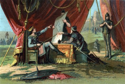 Louis III and Carloman II besieged Vienna in vain. Chromolithography around 1890 by French School