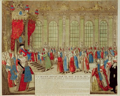 Louis XIV receiving the Persian Ambassador Mohammed Reza Beg in the Galerie des Glaces at Versailles, 19th February 1715 by French School