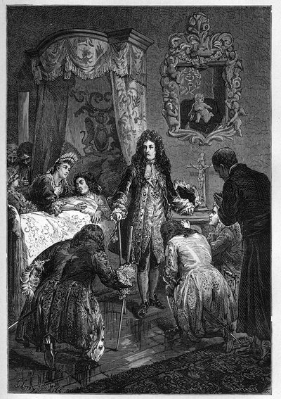 Louis XIV Visits James II on his Death-Bed - Engraving in 