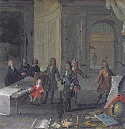 Louis XIV attending a lesson of his great grandson, the future Louis XV, c.1715 by French School