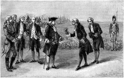 Louis XVI visiting the first potato field in the plain of the Sablons, Antoine Augustin Parmentier offered him potato flowers, around 1785. Engraving in 