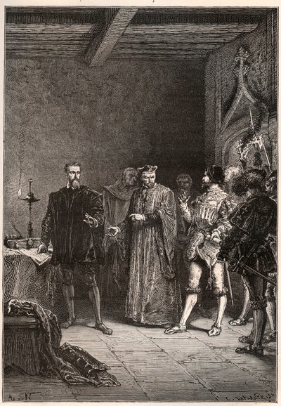 Louis de Berquin (1485-1529), knight and humanist, religious reformer, liberated by Jean de la Barre (1523-1533) prevot de Paris - Louis de Berquin (left) released from prison by John de la Barre - engraving from 