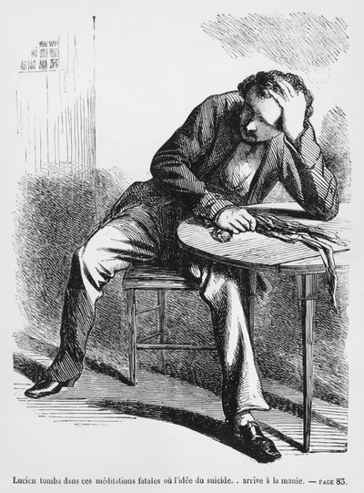 Lucien de Rubempre thinking of suicide, illustration from Splendors and Miseries of Courtesans by Honore de Balzac, published 1867 by French School