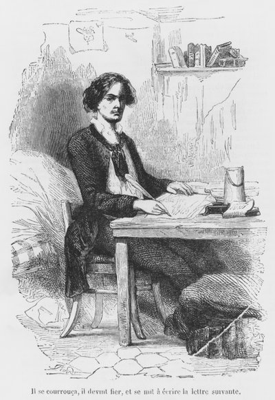 Lucien de Rubempre writing a letter, illustration from Les Illusions perdues by Honore de Balzac, engraved by Antoine Alphee Piaud by French School