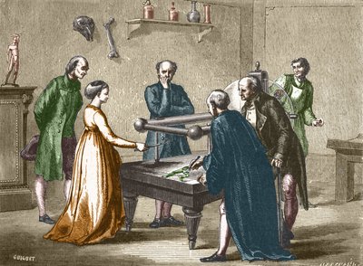 Luigi Galvani, professor in Bologna, discovered, in 1780, the irritability of the frog muscles by electricity - in Album of Science; illustrious scientists; Great discoveries 1896 by French School
