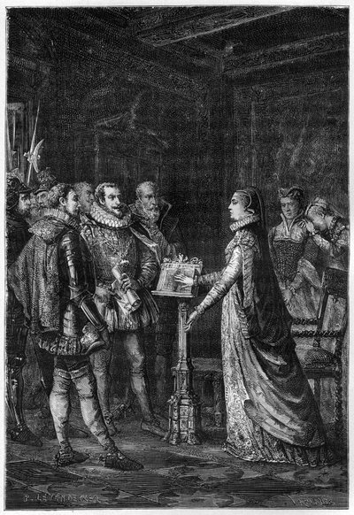 Mary Stuart, Queen of Scots - Mary Stuart swearing that she has never plotted to take the life of Queen Elizabeth I of England - engraving from 