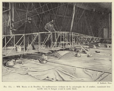 Morin and de Bradsky, the unfortunate victims of the October 13 catastrophe, examining their gondola in the hangar before the fatal outing (engraving) by French School