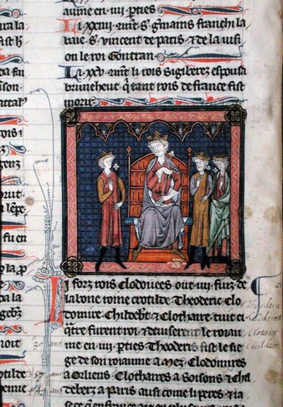 MS.782 Childeric II (c.650-675), Clodomir (c.495-524) and possibly Theodoric, represented as under the protection of King Clotaire I (c.497-561), seated on a throne, miniature from the Chroniques de Saint-Denis by French School