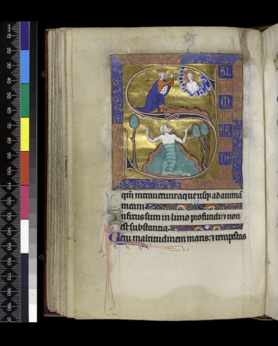 David Prays to God (above), David Sinks in Water (below), from the Psalter and Hours of Isabella of France by French School