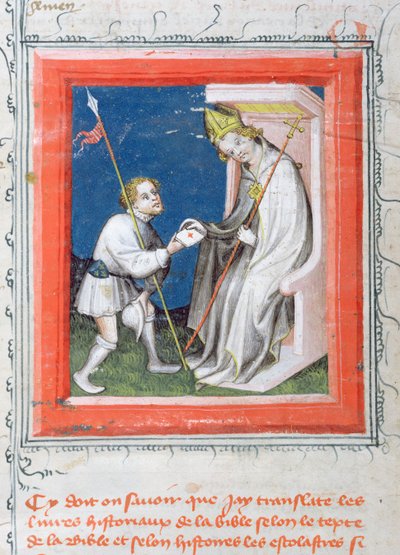 Messenger giving a letter from the king of France to a bishop, miniature from Bible de Guiart des Moulins by French School