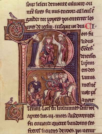 Historiated Initial R Depicting King Baldwin I of Flanders Being Crowned as the Latin Emperor in 1204 and His Generosity Towards a Turkish Woman Sending Her Child Off by French School