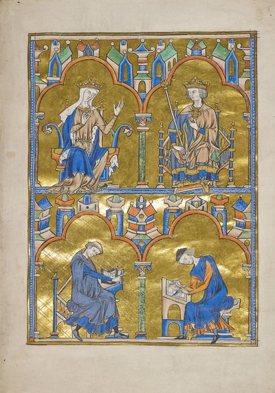 Blanche of Castile and King Louis IX of France and below: Author Dictating to a Scribe, Bible of Saint Louis (Moralized Bible), probably Paris by French School