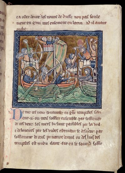Page of text with illumination of a sea battle, from De Re Militari, c.1270 by French School