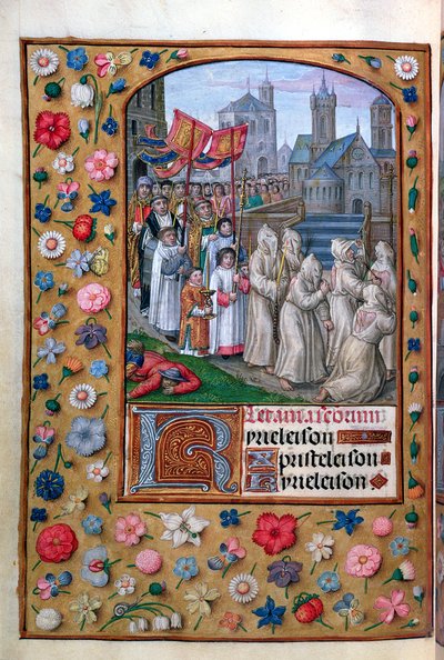 The Procession of Pope Gregory I (c.540-604) through Rome in 590, from the Litanies of a Book of Hours, French, early 16th century by French School