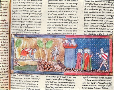 Lancelot proves his love of Guinevere by crossing a river bridged by a sharp sword, from the Roman de Lancelot du Lac, 1344 by French School