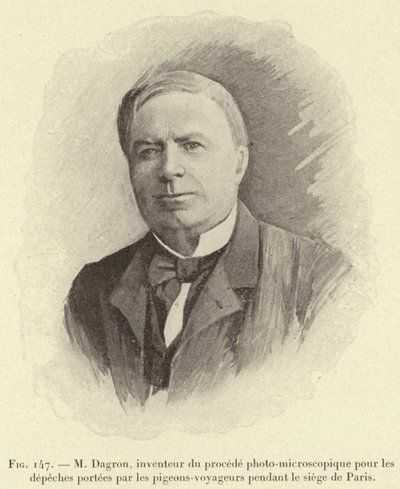 Mr. Dagron, inventor of the photo-microscopic process for messages carried by carrier pigeons during the siege of Paris (engraving) by French School