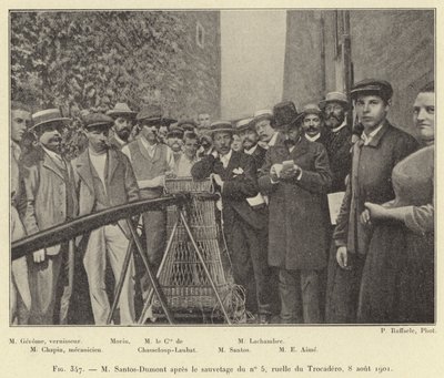 Mr. Santos-Dumont After the Rescue of No. 5, Trocadero Alley, August 8, 1901 (engraving) by French School