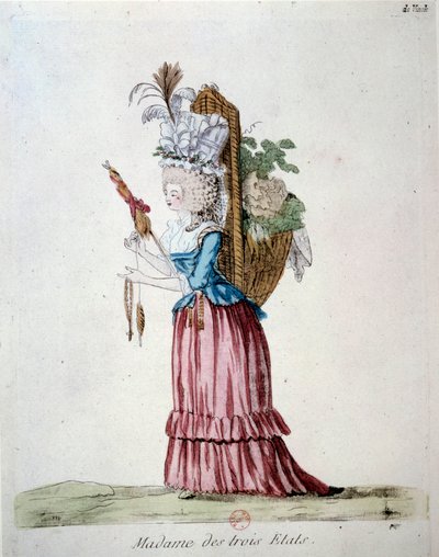 Madame of the Three States. A woman wearing elegant clothes and carrying a basket of fruits and vegetables representing the three states at the time of the French revolution by French School