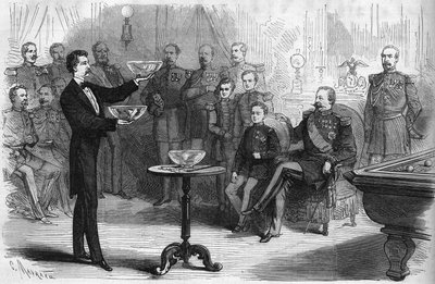 Magic show given by Mr. Faure Nicolay at the Chalons camp in the presence of Emperor Napoleon III (1808-1873) and his son Prince Imperial (1856-1879) by French School