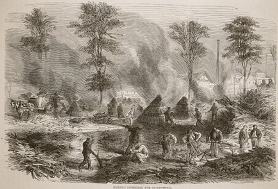 Making charcoal for gunpowder, illustration from Cassells History of the War between France and Germany, 1870-1871 by French School