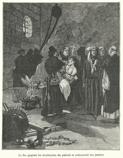 Man being tortured with brodequins and fire by French School