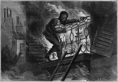Man dressed in an incombustible suit, saving a child from a fire. Engraving in 