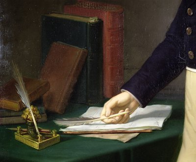 Man holding a pen in his right hand, c.1830-40 by French School