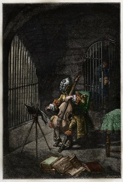Man in the Iron Mask, playing the cello in prison - engraving from Histoire de France by Jules Michelet - 1876-1877 by French School