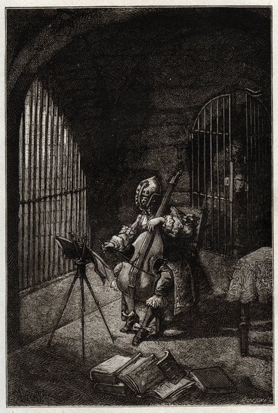 Man in the Iron Mask, playing the cello in prison - L