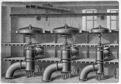 Manufacture of aluminium; installation of turbines and dynamos at Neuhausen plant (Switzerland). Engraving in 