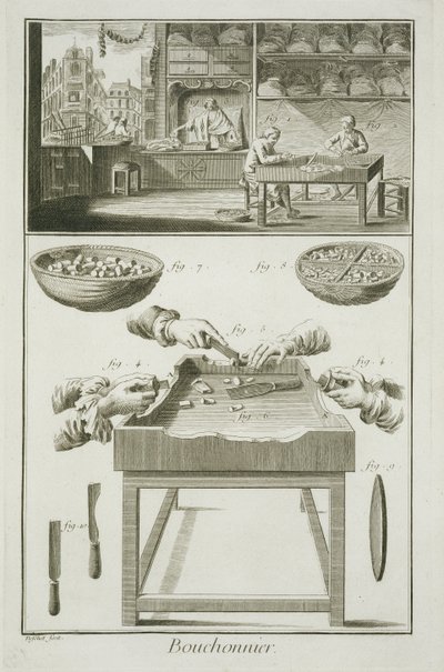 Manufacture of bottle corks, from the Encyclopedie des Sciences et Metiers by Denis Diderot published c.1770 by French School