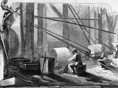 Manufacture of rifle guns: polishing iron cylinders with stone wheels. Engraving in 